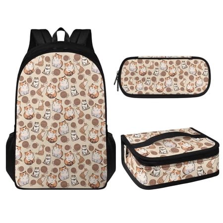 KUIFORTI Cat Pencil Case Casual Shoulder Backpack Lunch Pouch Zipper Closure 3 Pack Crossbody Bag Set