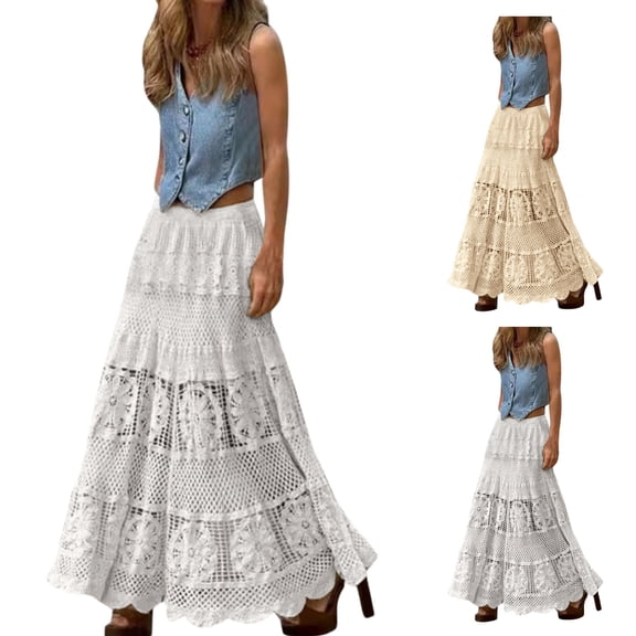 THDHVS Long Skirts for Women,Maxi Skirt,Ladies' Lace and Lace Hollow Knitted Skirt and Ankle Skirt White Free Size