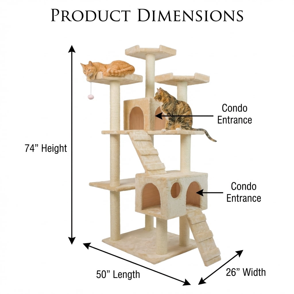 Multi-Level Cat Tree Tower with Sisal Scratching Posts, 2 Condos, Plush Fabric, Beige, 74 Inches Tall