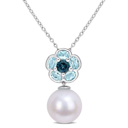 Everly Women's 11m Cultured Pearl and 1.6CT TGW Blue Topaz Sterling Silver Pendant