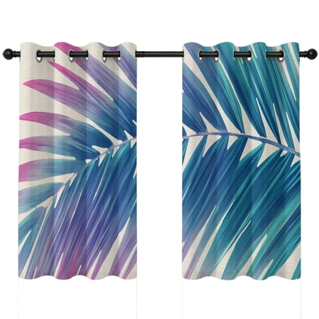 Teal Palm Leaf Blackout Curtains 45 Inches Long Coastal Gradient Purple Teal Leaf Linen Texture Thermal Insulated Room Darkening Drapes with Grommets for Living Room 52 W x 45 L 2 Panels