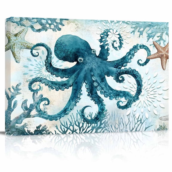 Turquoise Octopus Canvas Print Wall Art Nautical Retro Ocean Starfish Coral Pictures Painting Morden Artwork for Living Room Bedroom, Ready to Hang - 12"x16"