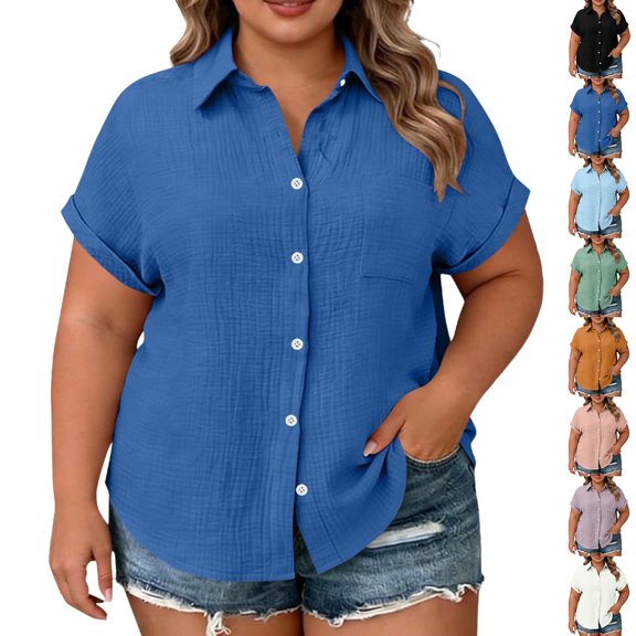 Luvrsol Short Sleeve Tops for Women Plus Size Button Down Shirt with Notch Collar and Patch Pockets Tunic Tops Loose Fit Dressy, L-4XL