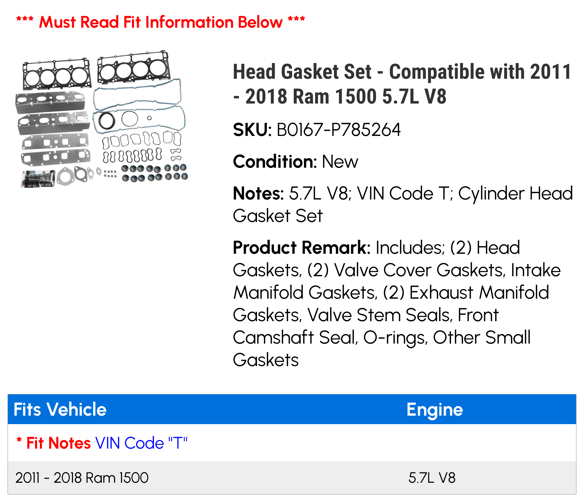 Head Gasket Set - Compatible with 2011 - 2018 Ram 1500 5.7L V8 2012 2013 2014 2015 2016 2017