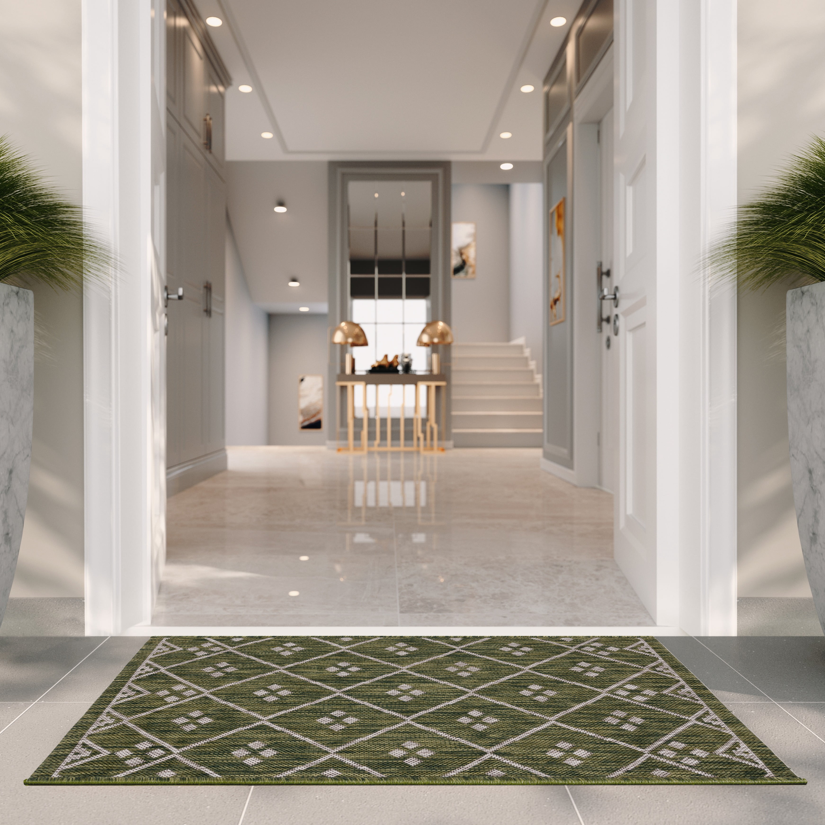 SAFAVIEH Courtyard Wasif Geometric Indoor/Outdoor Area Rug, Green/Grey, 6'7" x 9'6"
