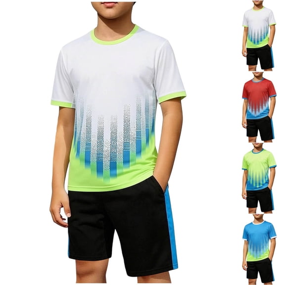 SGFCWSX Boys 2 Piece Active Outfits Kids Summer Quick Dry Breathable Short Sleeve Tee Graphic Print Elastic Waist Shorts with Pockets Soccer Wear White Size 7-8 Years