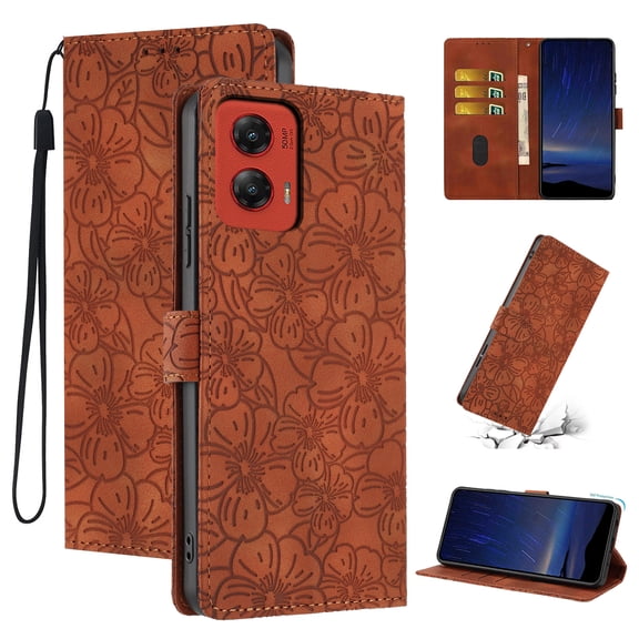 Wallet Case for Moto G Stylus 5G (2024), Embossed PU Leather Magnetic Clasp Flip Purse Case with Credit Card Holder & Cash Slot & Stand, Flower Pattern Cover for Moto G Stylus 5G (2024), Brown