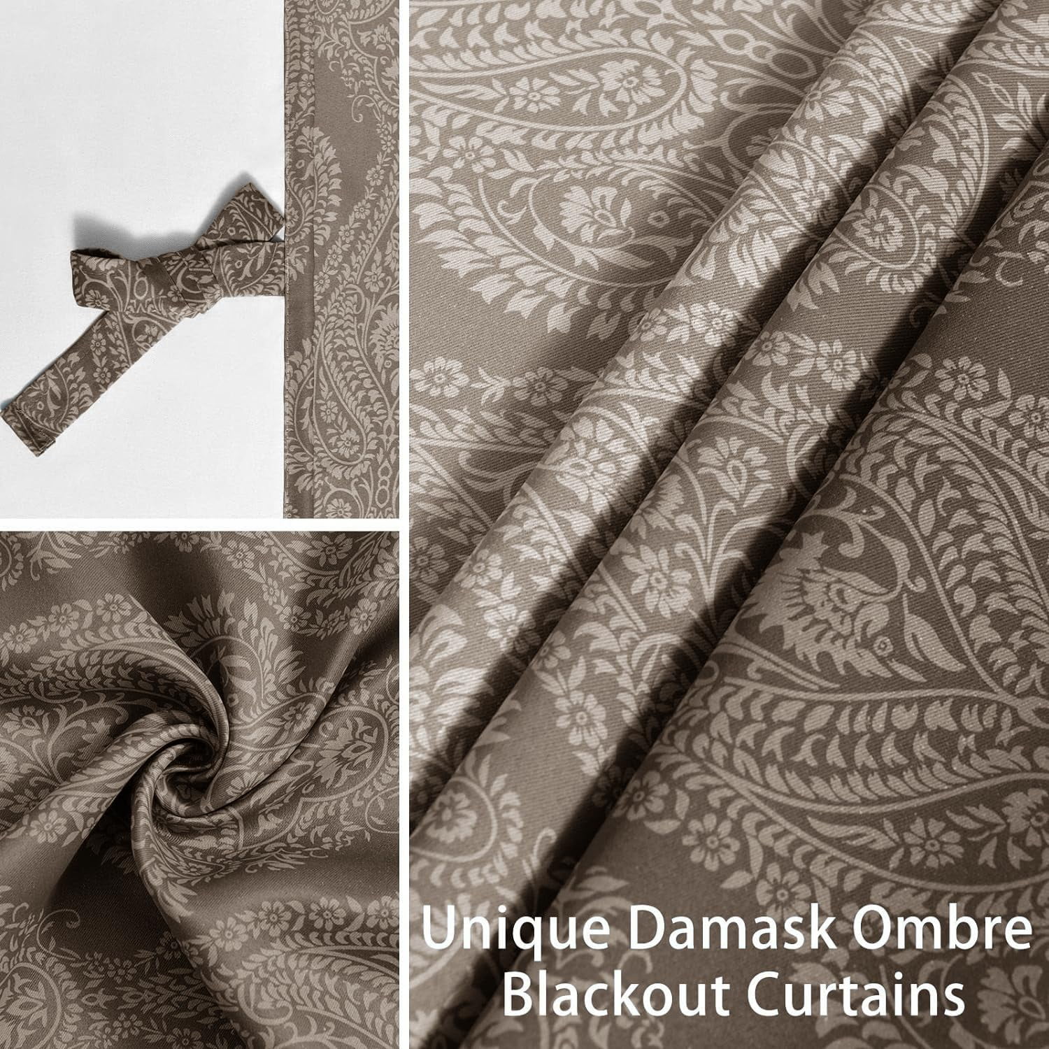 DWCN Ombre Blackout Curtains–Damask Patterned Thermal Insulated Noise Reducing Grommet Curtains for Bedroom Living Room, 52 x 63 Inches, Set of 2 Panels with Tiebacks, Brown