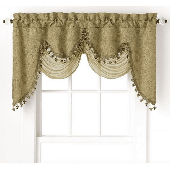 Ultra Elegant Clipped Jacquard Georgette Fringed Window Valance With an Attached Sheer Swag by GoodGram - Gold