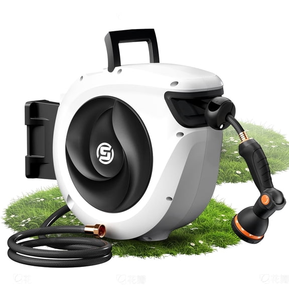 SUNPOW Retractable Wall-Mounted Hose Reel with Auto Rewind & 180° Swivel - 10-Pattern Nozzle, Brass Fittings, Adjustable Length Lock (33ft, 1/2 Inch)