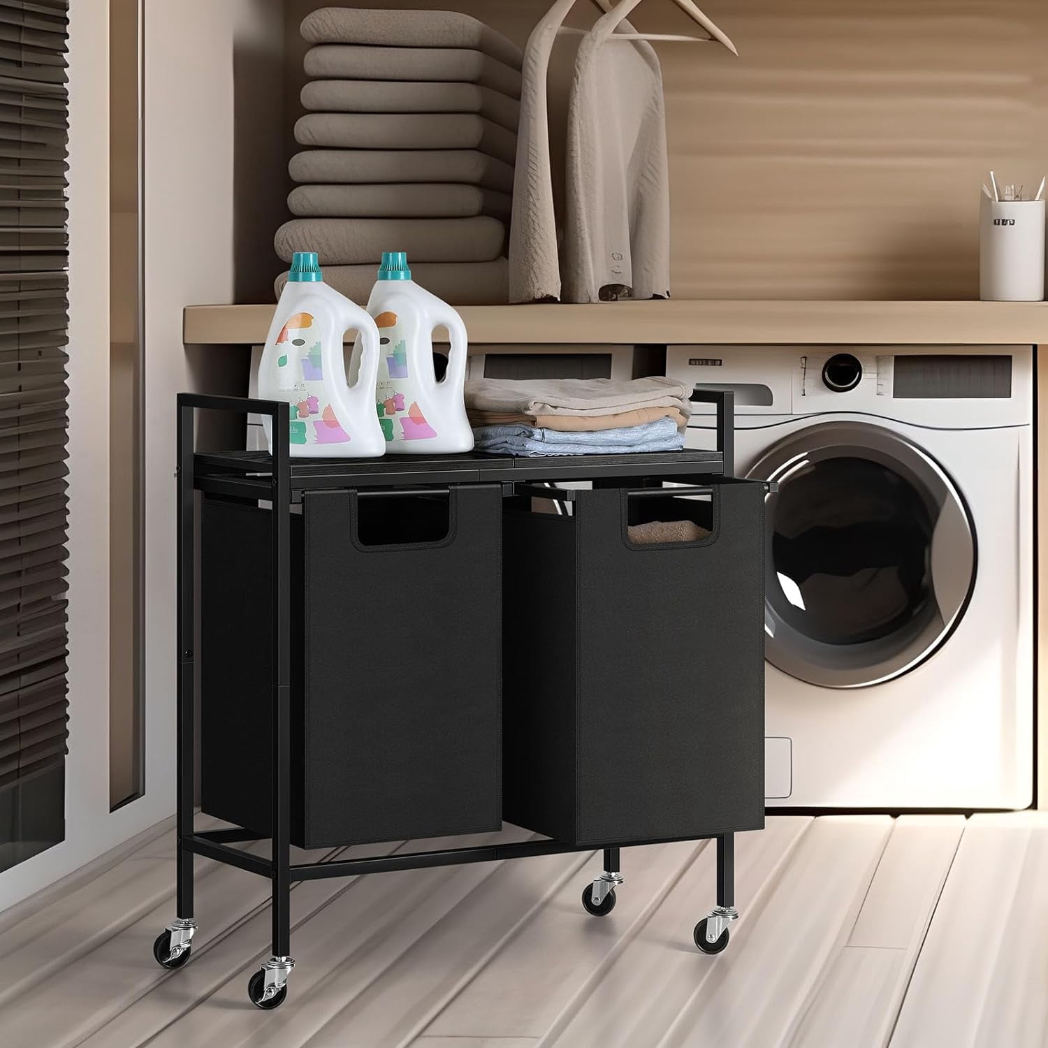 Oumilen Removable Bag 2-Bins Metal Laundry Sorter with Wood Shelf, Black