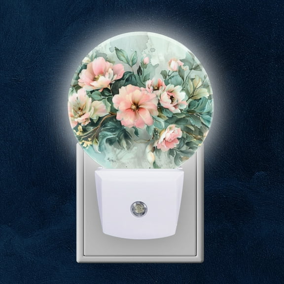 Night Light Plug into Wall,Dusk to Dawn Sensor Auto-On/Off for Bathroom, Hallway,Kids Room-Watercolor Floral Border With Pink And Sage Green Tones
