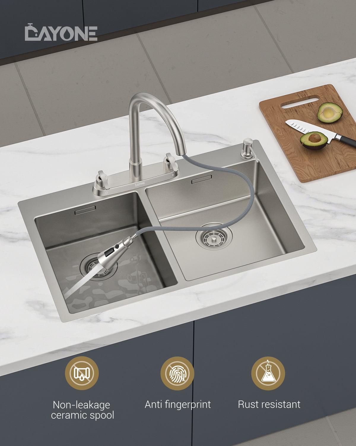 DAYONE 2 Handle Kitchen Faucet with Pull Down Sprayer, 4 Holes Sink Faucets for Kitchen/RV with Soap Dispenser Stainless Steel, Brushed Nickel