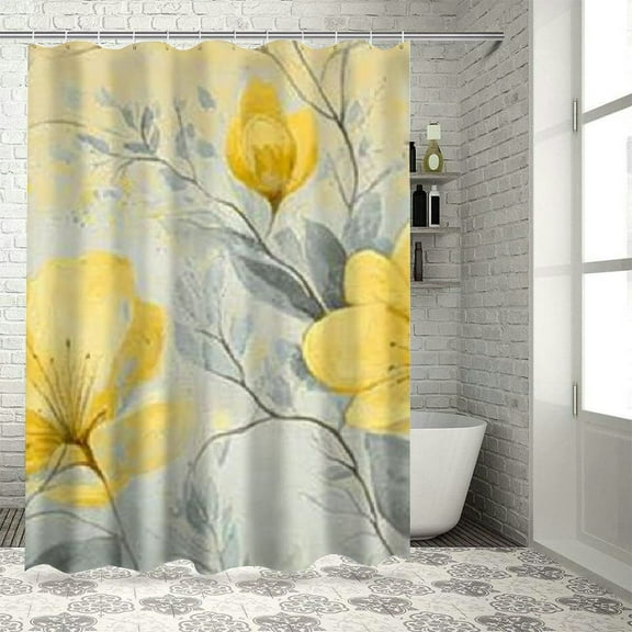 SHERONV Flowers Yellow Gray Bathroom Shower Curtain Set with Hooks High Quality Waterproof Fabric 36"x72