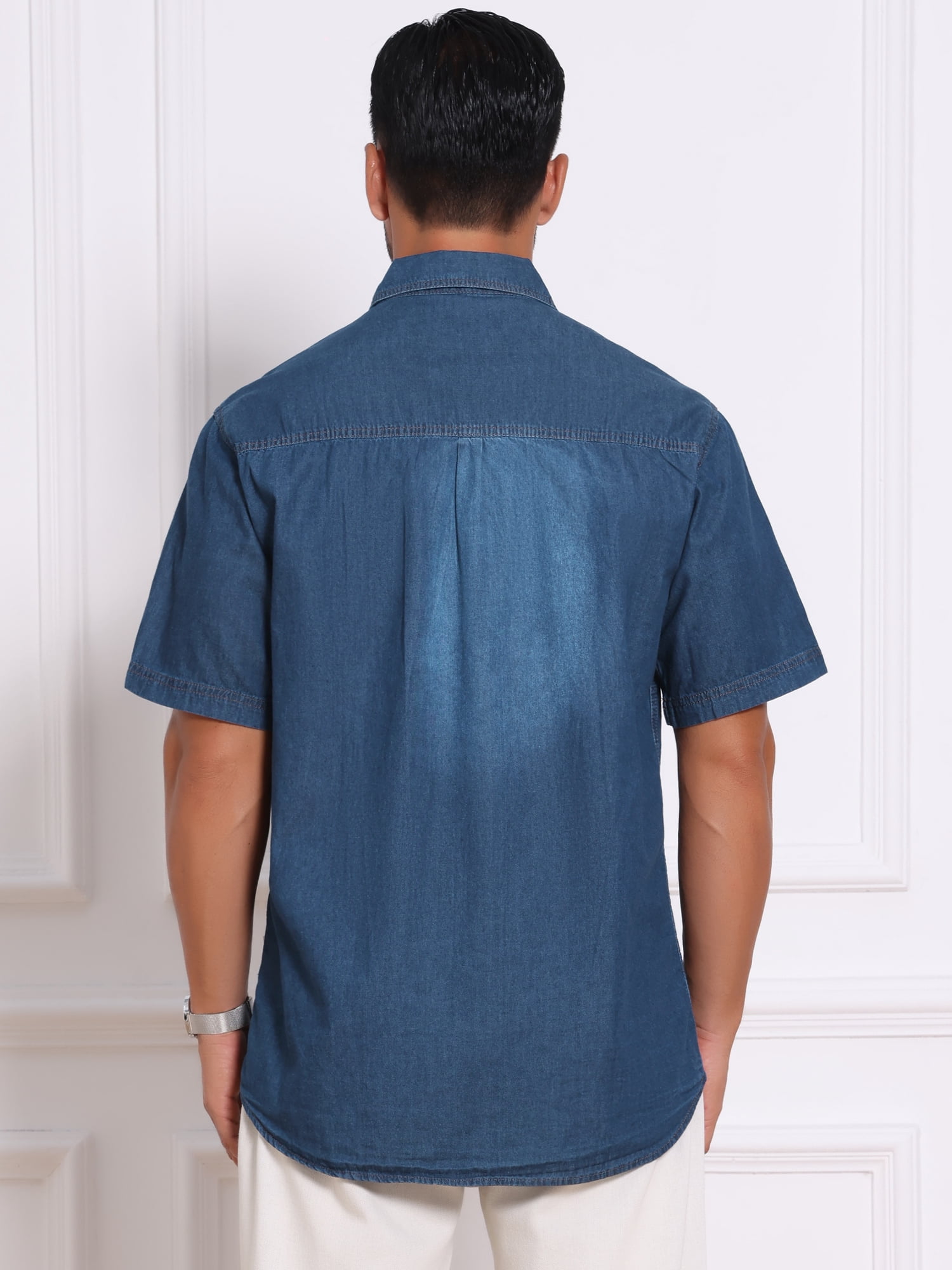 DARING DIVA Men's Denim Chest Pockets Western Retro Short Sleeve Shirts L Dark Blue