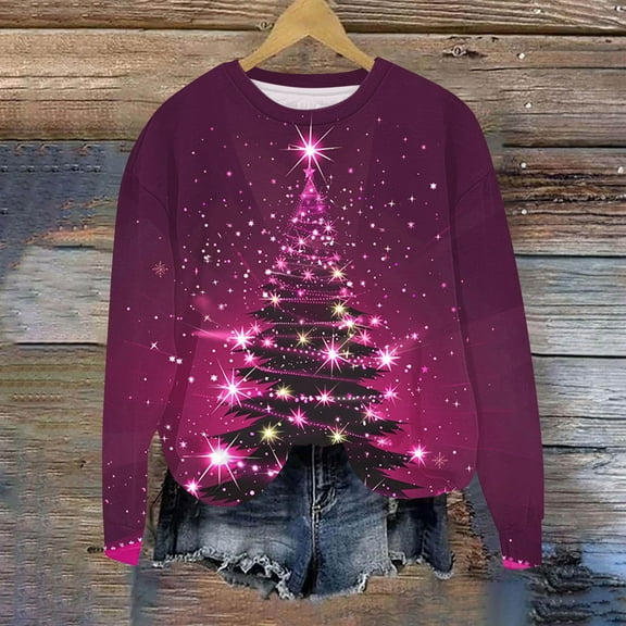 Craaazy Christmas Printed Shirts For Women Casual Crew Neck Tops Loose Long Sleeve Fall Sweatshirt Xmas Tree Print Funny Merry Christmas Gifts