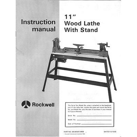 Delta Rockwell 11" Wood Lathe with Stand, Model No. 425-651-0008 Instructions REPRINT