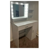 Vanity Desk with Mirror & Light, Large Drawer, 3-Level Storage, Adjustable Brightness, White Bedroom Dressing Table