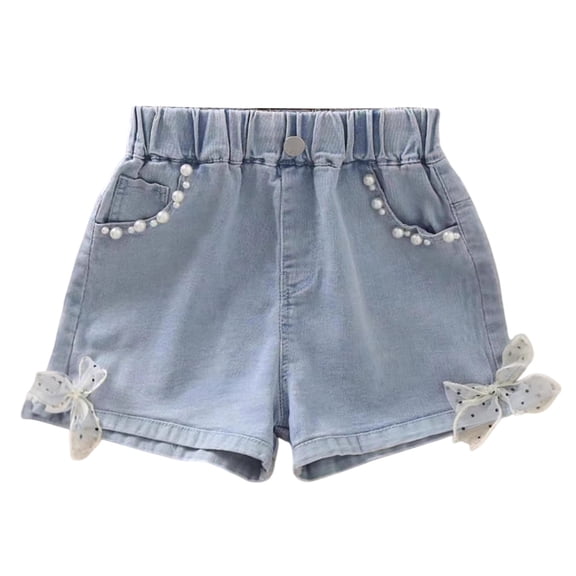 CPNG Girls Denim Shorts Elastic High Waisted Jeans Casual Shorts Bow Pearl Embellishments Summer Thin Fashion Jorts