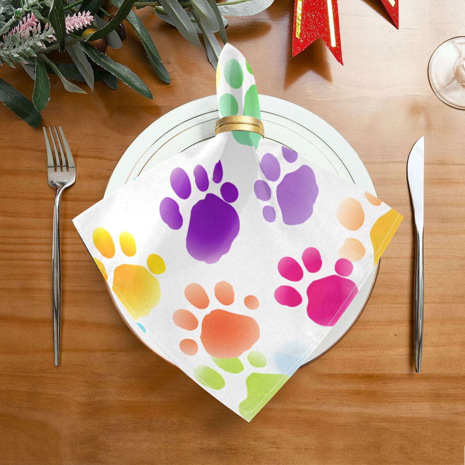 JSTEL Rainbow Dog Paw Prints Cloth Napkins Set of 6, 20x20 Inch Washable and Reusable Napkin for Decoupage Dinner Party Everyday Use