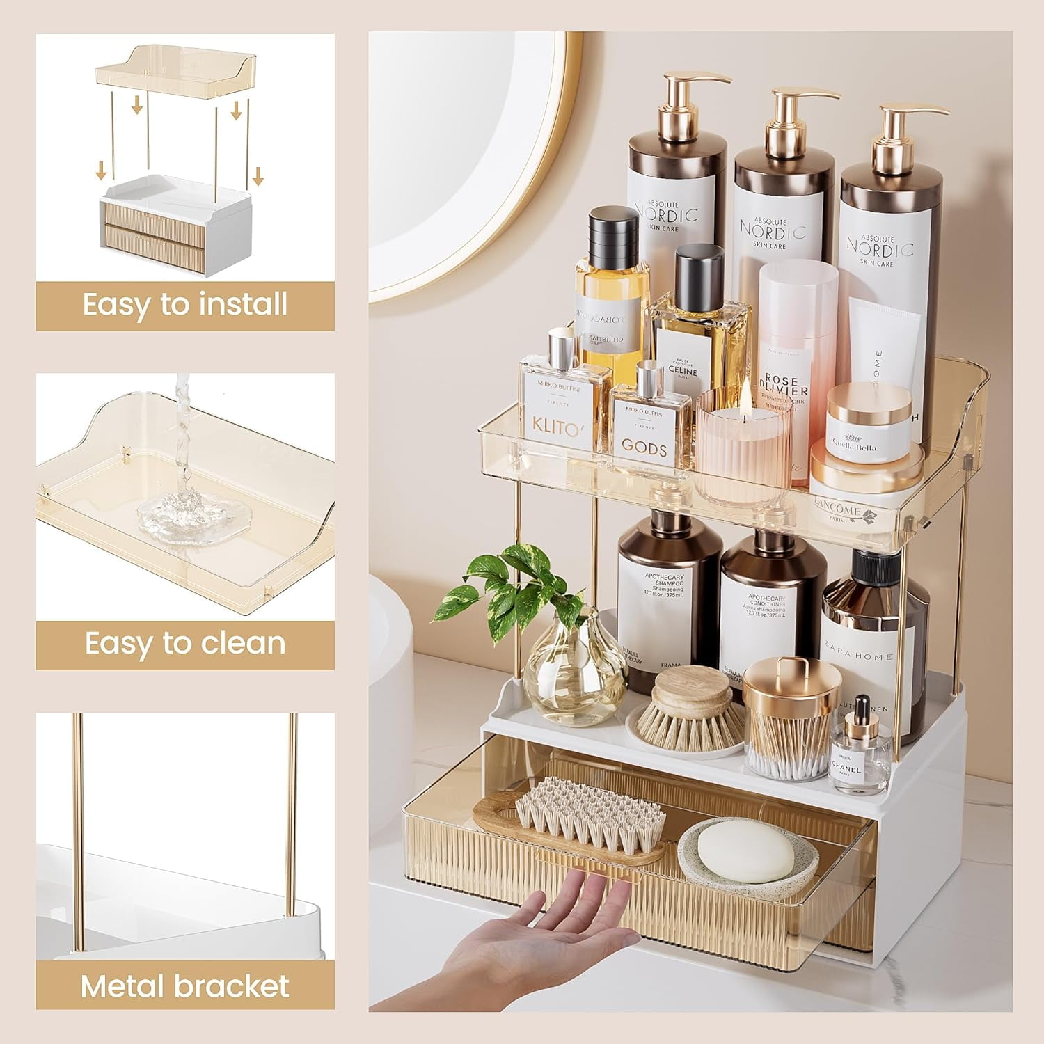 Delamu 2-Tier 2-Drawer Bathroom Organizer Countertop, Multi-Purpose Makeup Organizer Countertop, Large Skincare Organizers, Exquisite Vanity Organizer, Amber