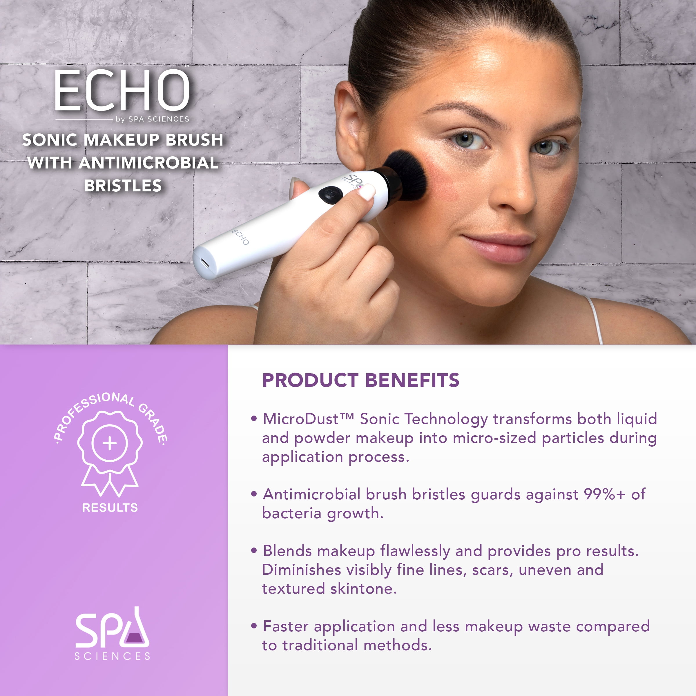 Spa Sciences ECHO, Rechargeable Sonic Makeup Brush for Airbrush Finish, White