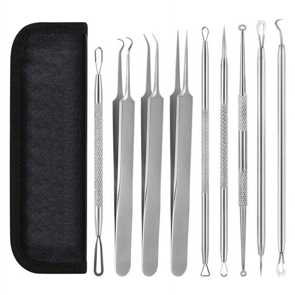 Blackhead Remover Tool, Upgraded 9 Pcs Pimple Popper Tool Kit,Extractor Tools with Tweezers,Removal Comedone Whitehead Set,Large Size-Silver