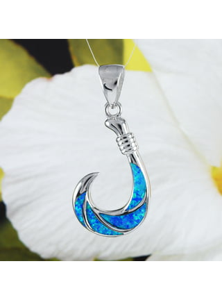 Silver Hawaiian Fish Hook Pendant with Opal Inlay