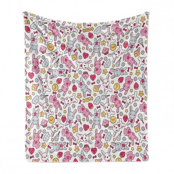 Anime Soft Flannel Fleece Throw Blanket, Japanese Cartoon Pattern Nursery Happy Bunnies Cupcakes Hearts Flowers Composition, Cozy Plush for Indoor and Outdoor Use, 50" x 70", Multicolor, by Ambesonne