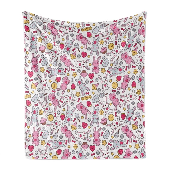 Anime Soft Flannel Fleece Throw Blanket, Japanese Cartoon Pattern Nursery Happy Bunnies Cupcakes Hearts Flowers Composition, Cozy Plush for Indoor and Outdoor Use, 50" x 70", Multicolor, by Ambesonne