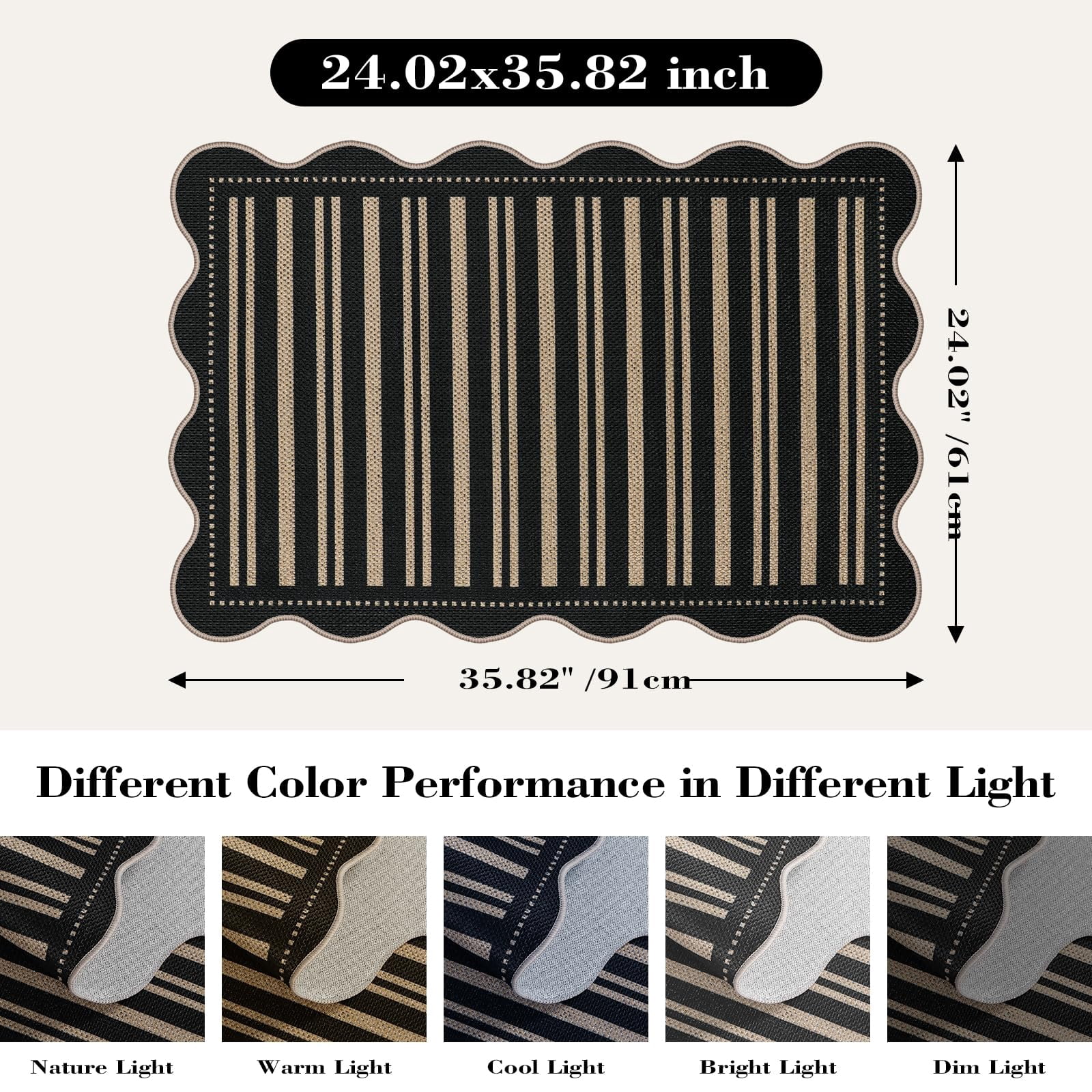 Striped Easy Jute Entryway Rug  2x3 Black Indoor Outdoor Doormat Washable Small Kitchen Non Slip Farmhouse Scalloped Rugs For Front Door Entrance Bathroom