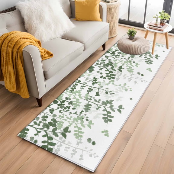 Runner Rugs 2x6 Ft, Sage Green Leaves Non Slip Area Rugs for Kitchen Bedroom Entryway, Summer Botanical Washable Carpet Runner Rug Floor Mats for Bedroom Home Decor Farmhouse Abstract Art