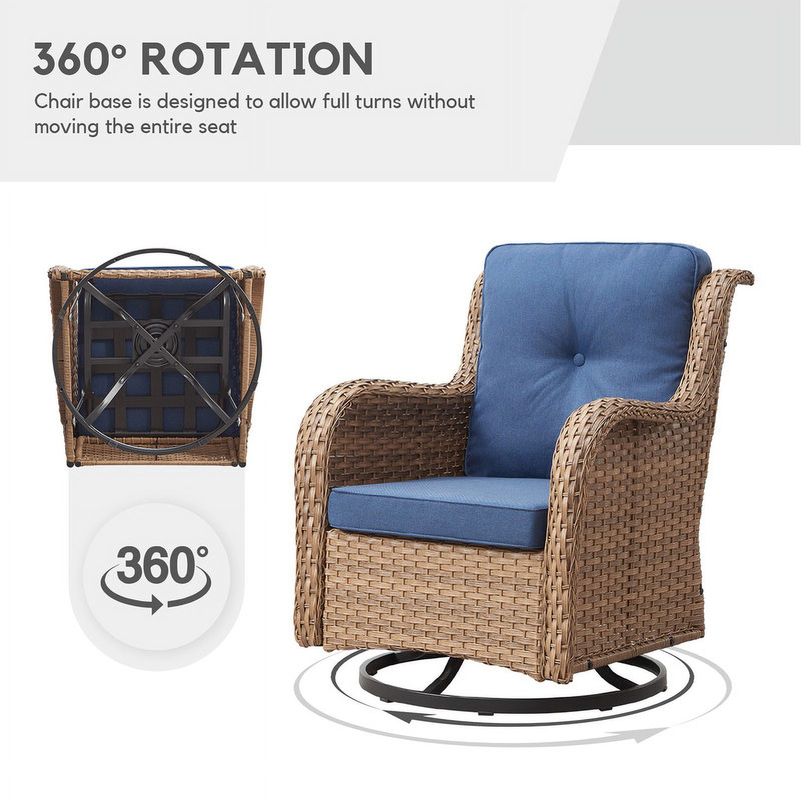 PARKWELL 3-Piece Outdoor Swivel Gliders with Side Table,Rattan Wicker Bistro Furniture Set,Yellow Wicker and Blue Cushion
