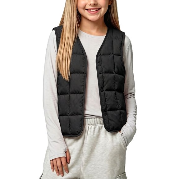 Riecok Kids Puffer Vest Sleeveless V Neck Button down Cropped Jackets Thermal Solid Warm Winter Outerwear Black 3-4T