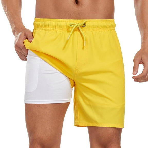 VOROFY Mens Swim Trunks with Compression Liner 7 inch Inseam Mens Bathing Suit Swimming Shorts for Men Yellow Small