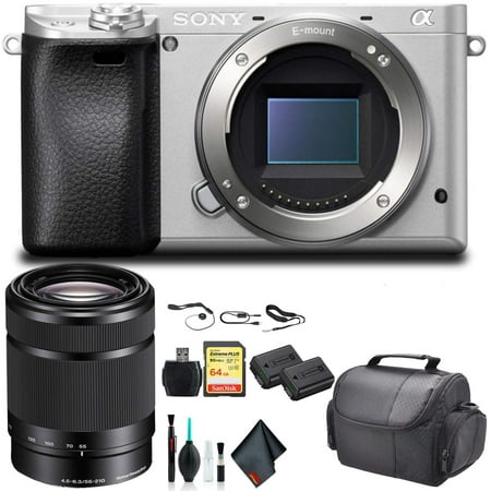 Sony Alpha a6300 Mirrorless Camera Silver ILCE-6300/S With Sony 55-210mm Lens, Soft Bag, Additional Battery, 64GB Memory Card, Card Reader , Plus Essential Accessories