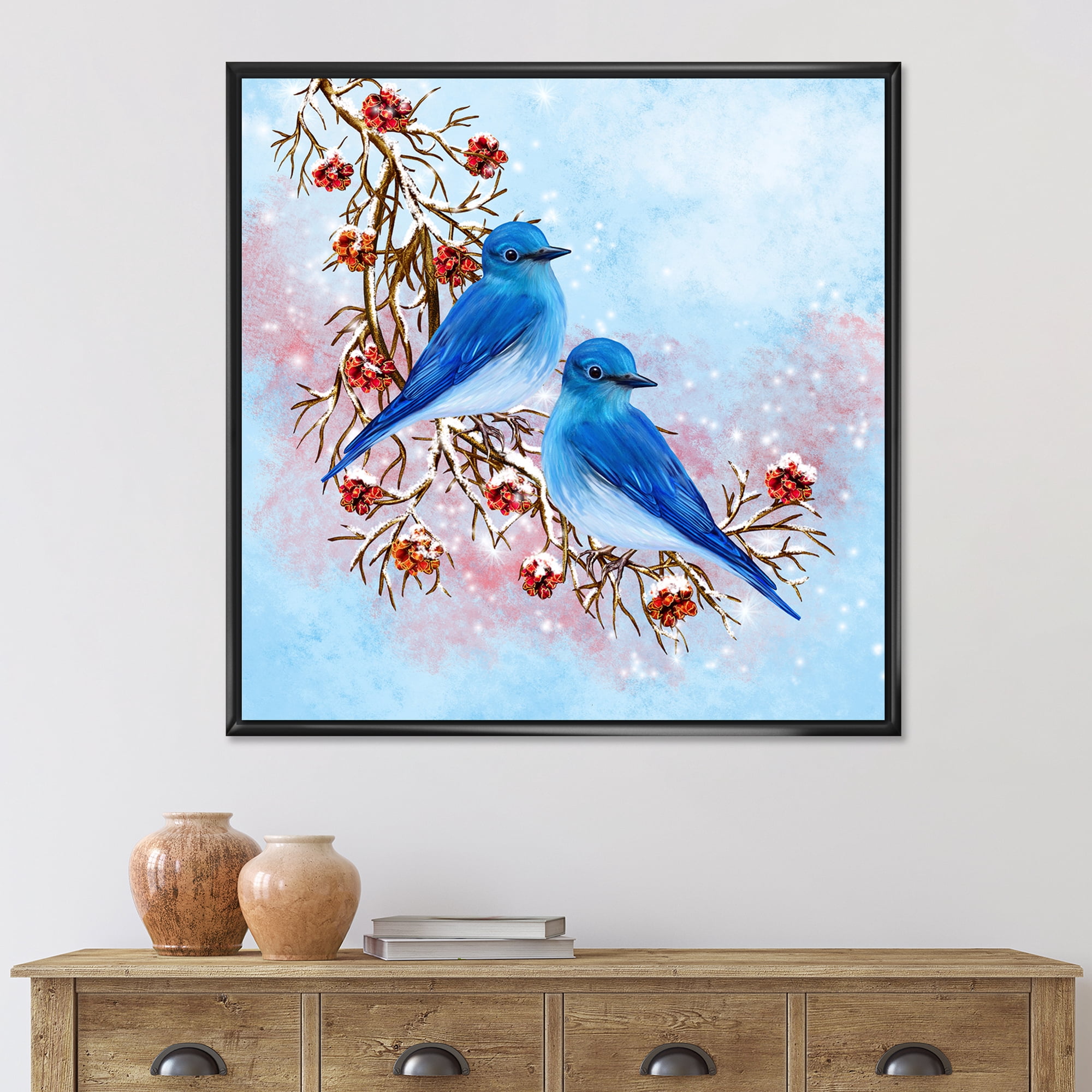 Designart 'Two Blue Birds Sitting On A Branch With Berries In Winter' Traditional Framed Canvas Wall Art Print