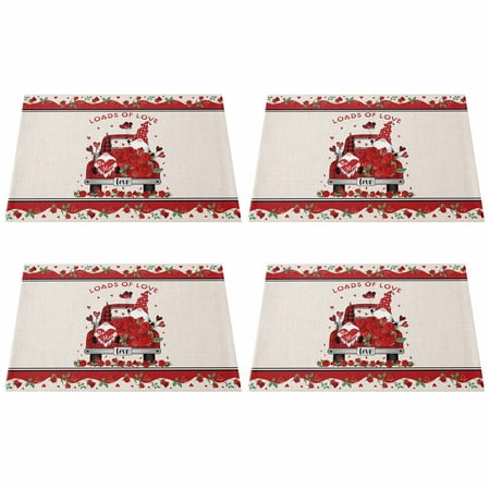 

MUSUPER 4Pcs Happy Valentines Day Placemat Truck Gnome Wood Grain Striped Printed Heat-Insulated Waterproof Non-Slip Table Mat