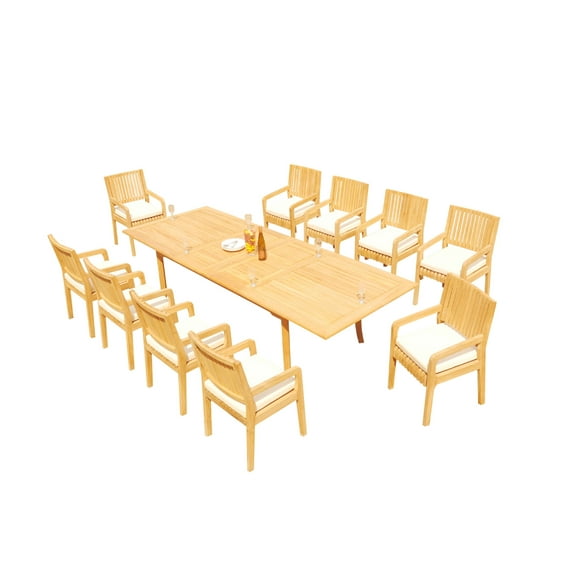 Grade-A Teak Dining Set: 10 Seater 11 Pc: 118" Rectangle Table And 10 Maldives Arm Chairs Outdoor Patio WholesaleTeak #51ML2411