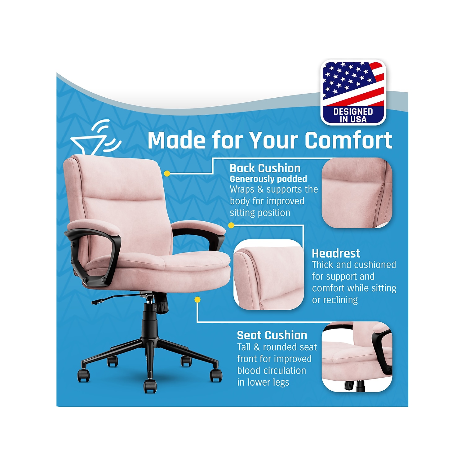 Click365 Transform 2.0 Ergonomic Mid Back Desk Chair Fabric Pink