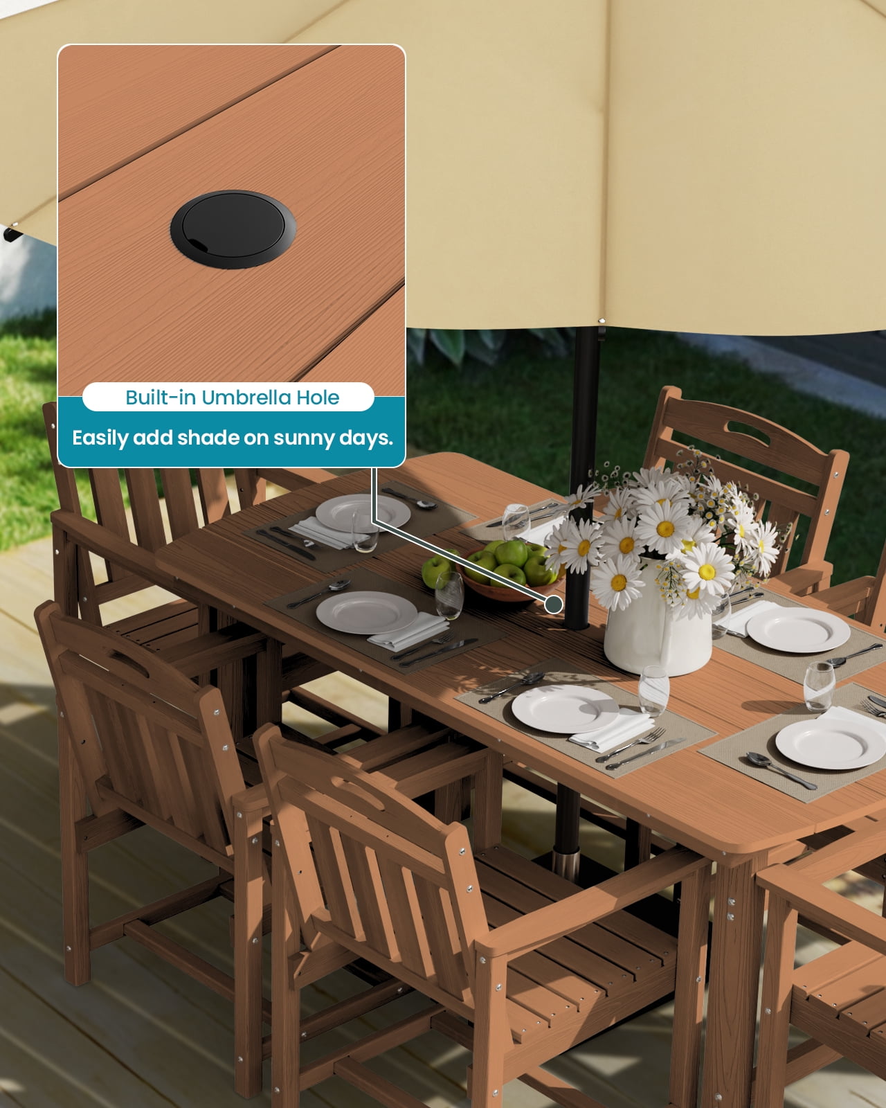 Harbweb 7pc HDPE Outdoor Dining Set, All-Weather Wood Grain Patio Furniture, Teak