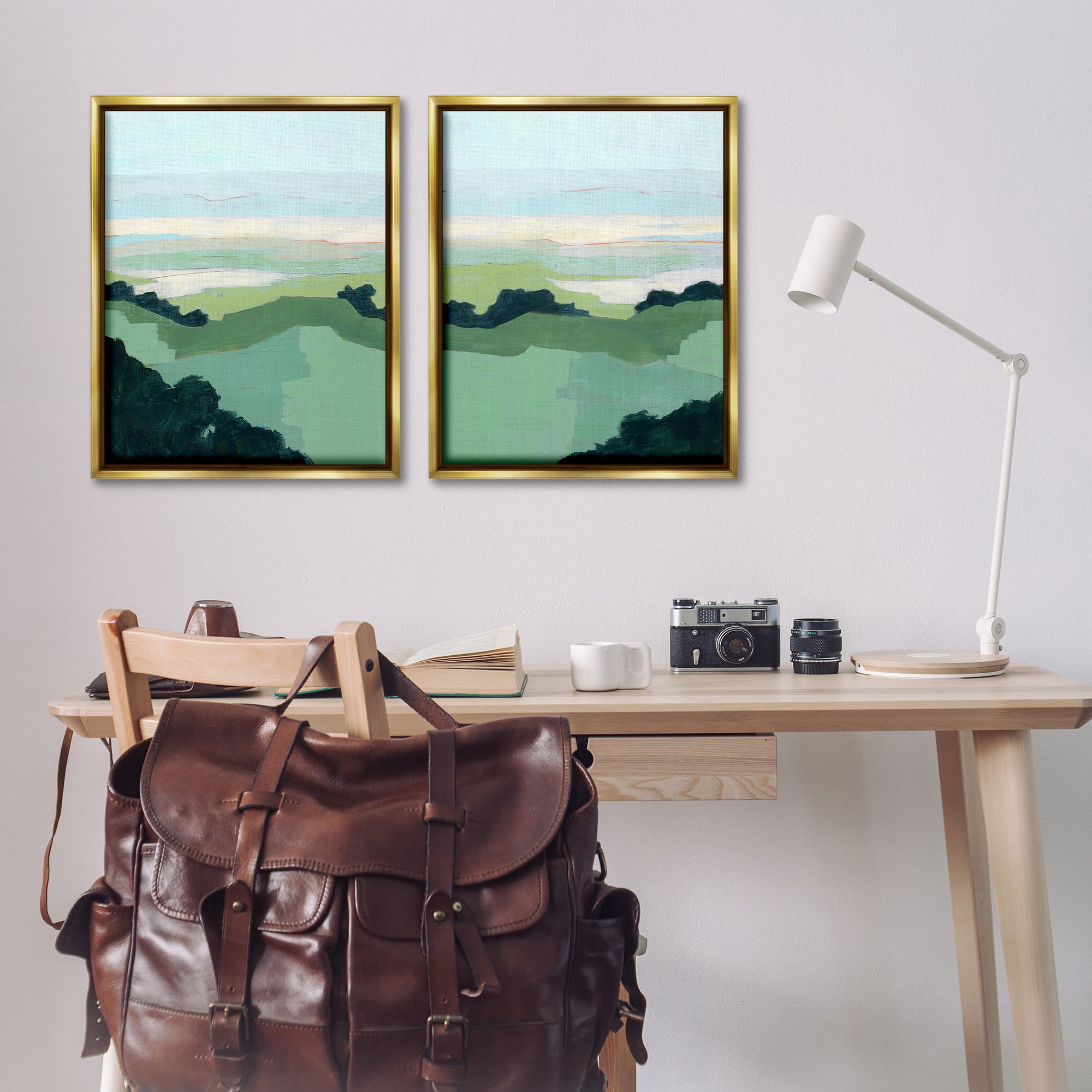 Stupell Industries Hill Side Nautical Landscape Abstract Landscape Painting Gold Floater Framed Canvas Art Print Wall Art, 25 x 31, Set of 2