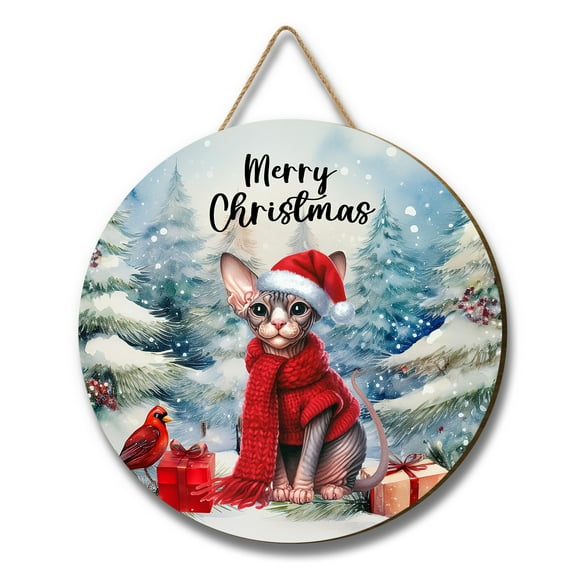 Merry Christmas Sphynx Enjoys Catmas Winter Xmas Holiday Round Wood Sign Cat Lover Kitten Owner Gifts Idea Hanging Wall Home Decor - 02022