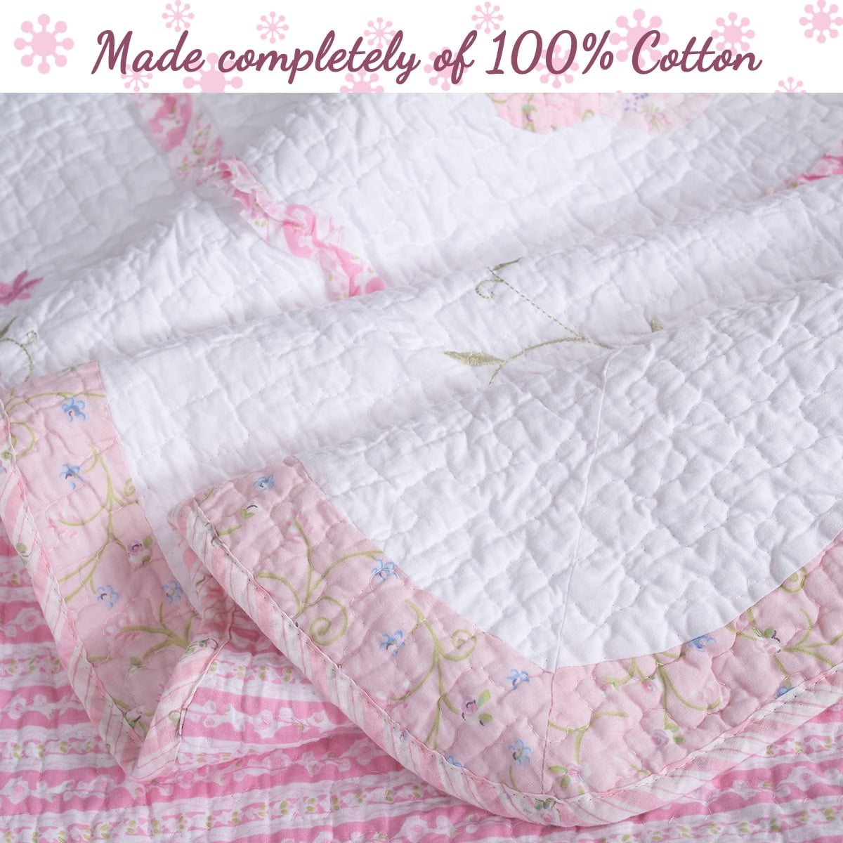 Cozy Line Vintage Pink Daisy Field Calico Floral 100% Cotton Quilt Set, Queen Set