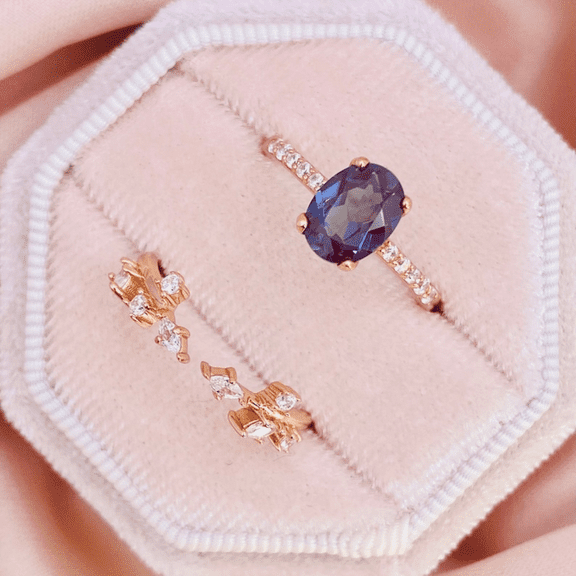 Oval Cut Alexandrite Wedding Ring Set in 14K Rose Gold Vermeil- Stacking Ring For Women- June Birthstone