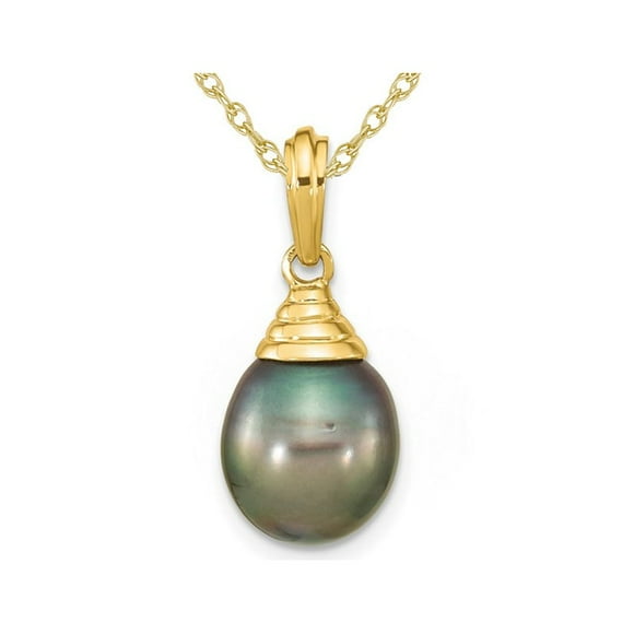 9-10mm Black Tahitian Saltwater Pearl Pendant Necklace in 14K Yellow Gold with Chain