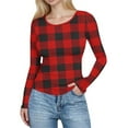 thumbnail image 2 of Tops for Women Long Sleeved Plaid Casual Round Neck Printing Fitting Pit Stripe Blouse Red XXL, 2 of 6