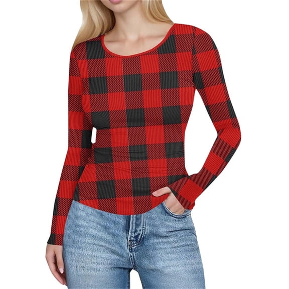 ZUKMRJPC Womens Long Sleeve Shirts Crewneck Vintage Plaid Print Pullover Tees Casual Slim Fit Fall Fashion Tunic Tops