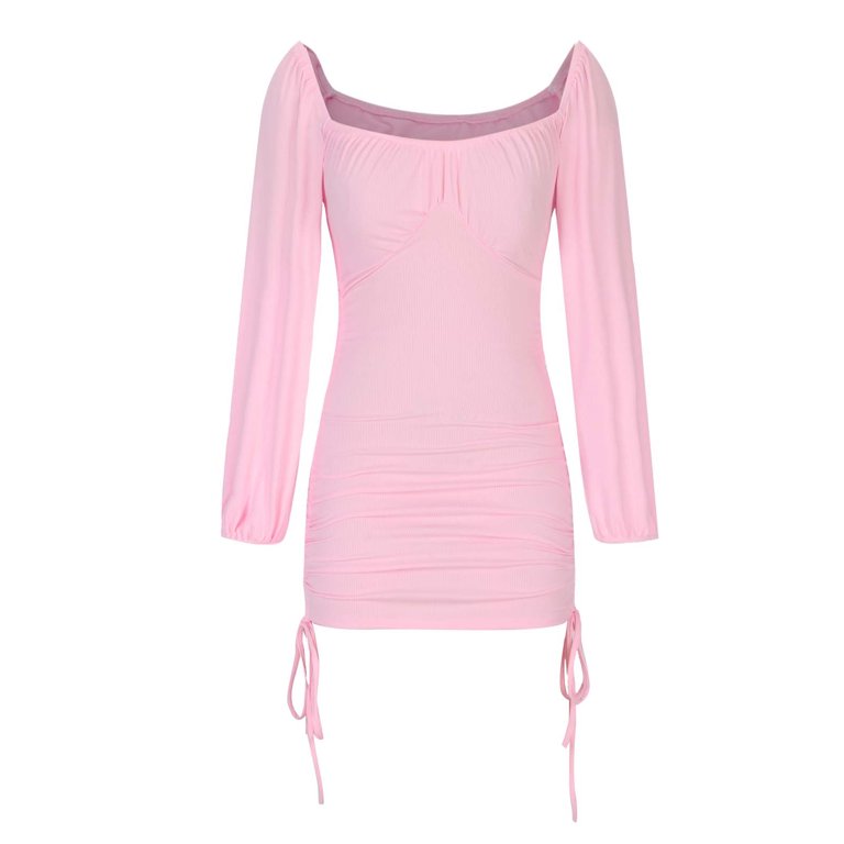 Umenlele Women's Lantern Sleeve Bodycon Mini Dress - Ruched, Drawstring, Square Neck