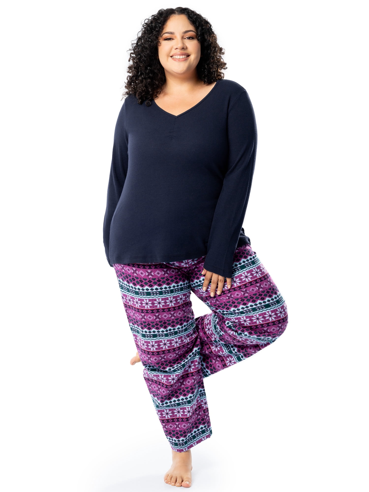 Fruit of the Loom Women's Beyond Soft Long Sleeve Waffle Top and Flannel Bottom Pajama Set, Sizes S-4X